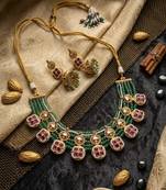 Traditional polki & green beaded choker necklace set with jhumka earrings | gold-plated ethnic bridal jewelry