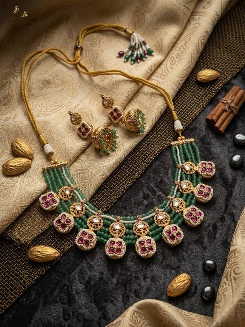 Traditional polki & green beaded choker necklace set with jhumka earrings | gold-plated ethnic bridal jewelry