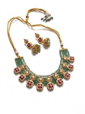 Traditional polki & green beaded choker necklace set with jhumka earrings | gold-plated ethnic bridal jewelry 2