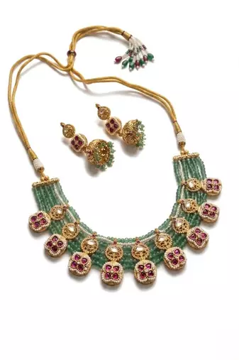 Traditional polki & green beaded choker necklace set with jhumka earrings | gold-plated ethnic bridal jewelry