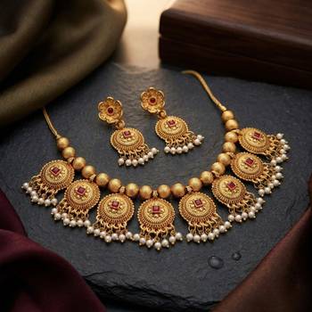 Handcrafted antique gold-plated ethnic necklace set with ruby stones & pearl drops | traditional indian jewelry 1