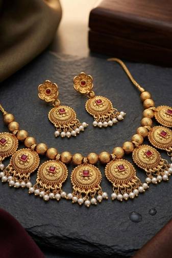 Handcrafted antique gold-plated ethnic necklace set with ruby stones & pearl drops | traditional indian jewelry
