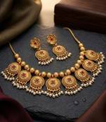 Handcrafted antique gold-plated ethnic necklace set with ruby stones & pearl drops | traditional indian jewelry