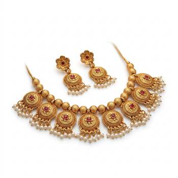 Handcrafted antique gold-plated ethnic necklace set with ruby stones & pearl drops | traditional indian jewelry 2