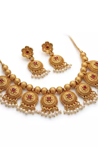 Handcrafted antique gold-plated ethnic necklace set with ruby stones & pearl drops | traditional indian jewelry