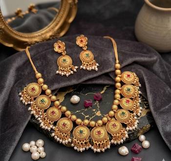 Handcrafted antique gold-plated ethnic necklace set with ruby stones & pearl drops | traditional indian jewelry 1
