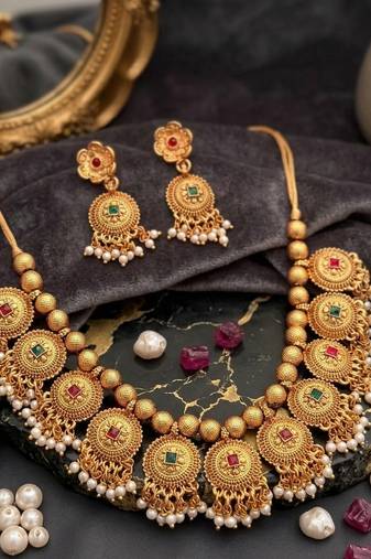Handcrafted antique gold-plated ethnic necklace set with ruby stones & pearl drops | traditional indian jewelry