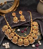 Handcrafted antique gold-plated ethnic necklace set with ruby stones & pearl drops | traditional indian jewelry