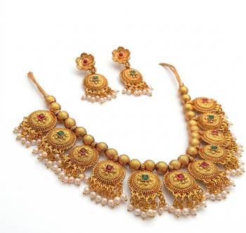 Handcrafted antique gold-plated ethnic necklace set with ruby stones & pearl drops | traditional indian jewelry 2