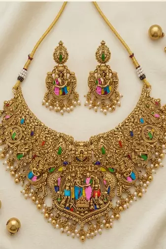 Handcrafted temple jewellery: intricate gold-plated choker set