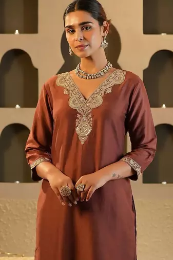 Women Solid Embroidered Kurta with Trousers