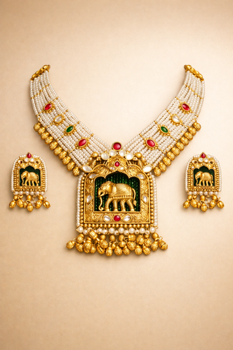 Handcrafted elephant motif gold-plated pearl necklace set - traditional ethnic jewelry for weddings & festivals