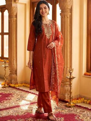Women Ethnic Motifs Embroidered Regular Thread Work Kurta with Trousers & With Dupatta 1