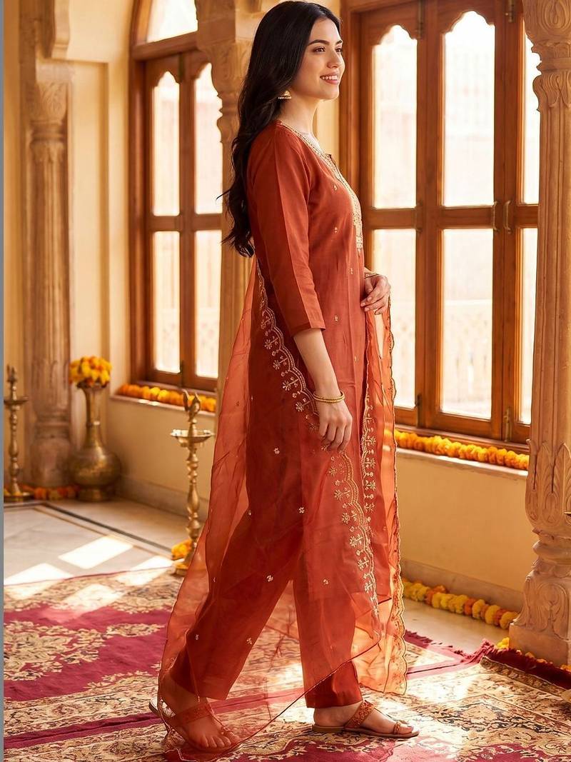 Women Ethnic Motifs Embroidered Regular Thread Work Kurta with Trousers & With Dupatta