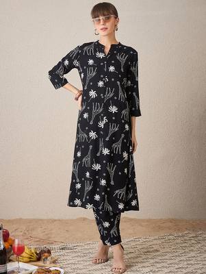 Quirky Printed Mandarin Collar A-Line Kurta With Trousers 1