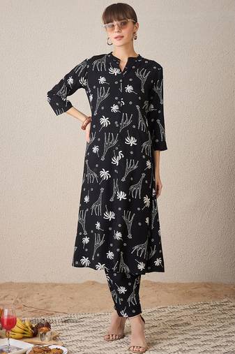 Quirky Printed Mandarin Collar A-Line Kurta With Trousers