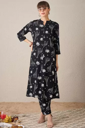 Quirky Printed Mandarin Collar A-Line Kurta With Trousers
