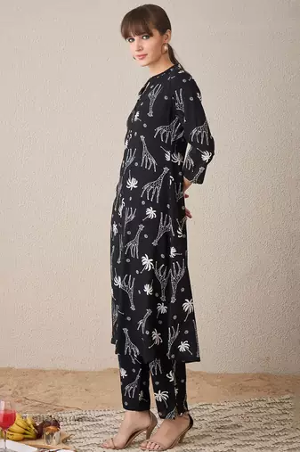 Quirky Printed Mandarin Collar A-Line Kurta With Trousers