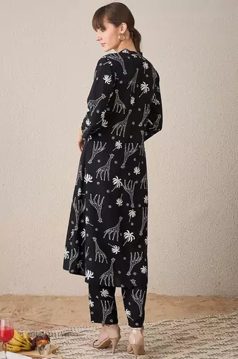 Quirky Printed Mandarin Collar A-Line Kurta With Trousers