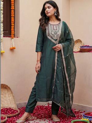 Women Ethnic Motifs Embroidered Regular Thread Work Liva Kurta with Trousers & With Dupatta 2