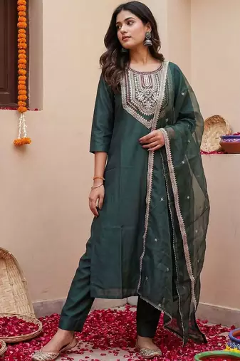 Women Ethnic Motifs Embroidered Regular Thread Work Liva Kurta with Trousers & With Dupatta
