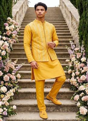 Outluk wedding vol 52 satin silk  with full embroidery and mirror work mens modi jacket kurta pajama 1