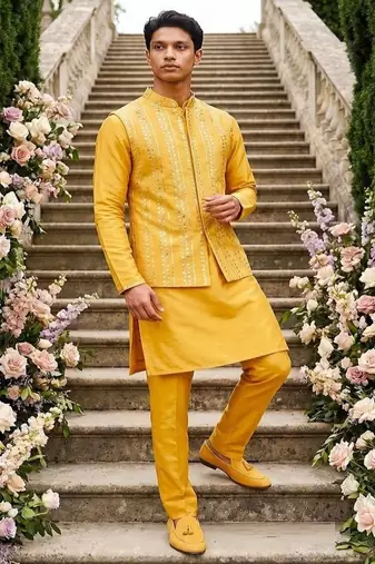 Outluk wedding vol 52 satin silk  with full embroidery and mirror work mens modi jacket kurta pajama