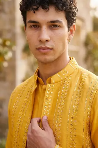Outluk wedding vol 52 satin silk  with full embroidery and mirror work mens modi jacket kurta pajama