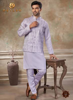  satin silk embroidery and mirror work mens modi jacket kurta pajama 1