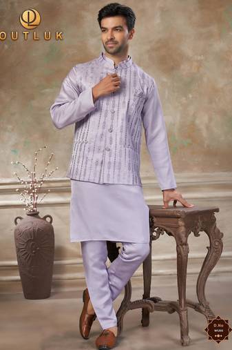  satin silk embroidery and mirror work mens modi jacket kurta pajama