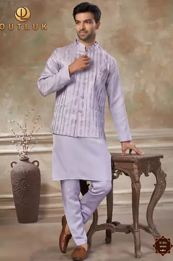 satin silk embroidery and mirror work mens modi jacket kurta pajama