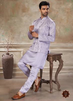  satin silk embroidery and mirror work mens modi jacket kurta pajama 2