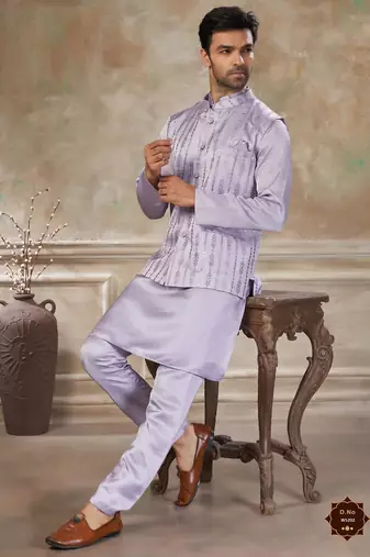  satin silk embroidery and mirror work mens modi jacket kurta pajama