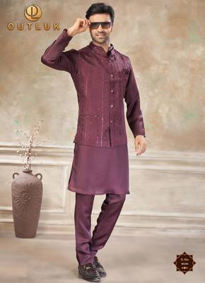  satin silk embroidery and mirror work mens modi jacket kurta pajama 1