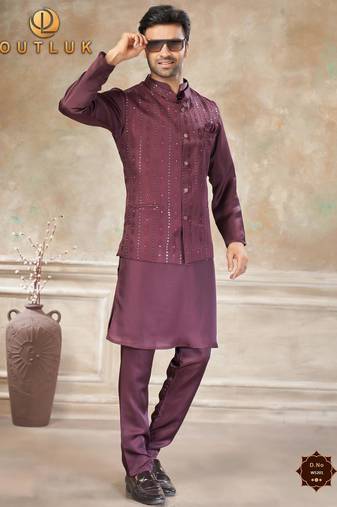  satin silk embroidery and mirror work mens modi jacket kurta pajama