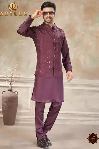  satin silk embroidery and mirror work mens modi jacket kurta pajama