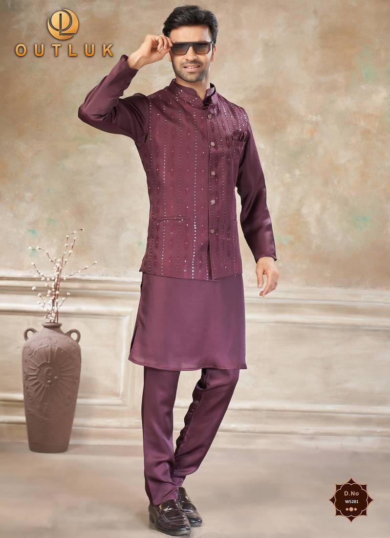  satin silk embroidery and mirror work mens modi jacket kurta pajama