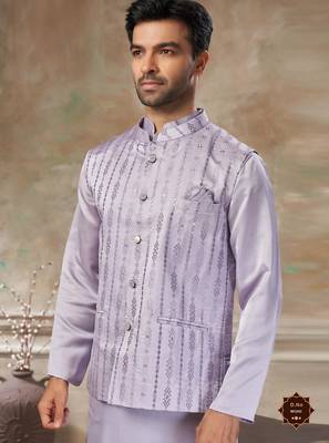  satin silk embroidery and mirror work mens modi jacket kurta pajama 3