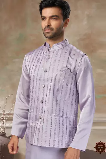  satin silk embroidery and mirror work mens modi jacket kurta pajama