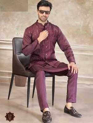  satin silk embroidery and mirror work mens modi jacket kurta pajama 2