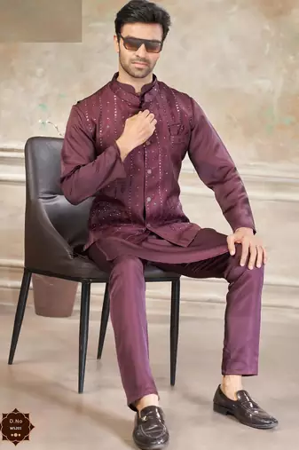  satin silk embroidery and mirror work mens modi jacket kurta pajama