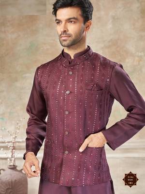 satin silk embroidery and mirror work mens modi jacket kurta pajama 3