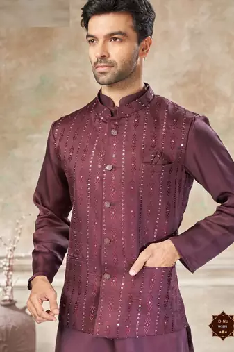  satin silk embroidery and mirror work mens modi jacket kurta pajama