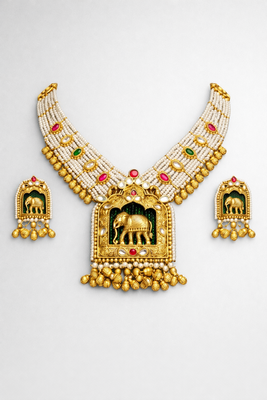 Handcrafted elephant motif gold-plated pearl necklace set - traditional ethnic jewelry for weddings & festivals 3