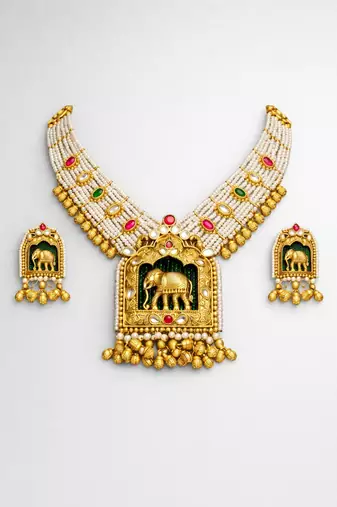 Handcrafted elephant motif gold-plated pearl necklace set - traditional ethnic jewelry for weddings & festivals