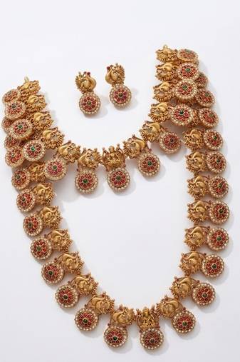 Gold plated south indian temple jewelry set - matte finish traditional long haram necklace combo