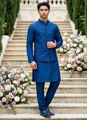  satin silk embroidery and mirror work mens modi jacket kurta pajama 1