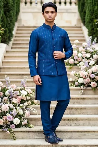  satin silk embroidery and mirror work mens modi jacket kurta pajama