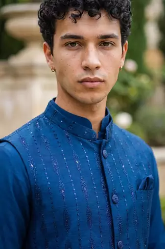  satin silk embroidery and mirror work mens modi jacket kurta pajama