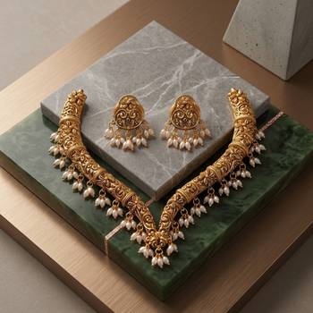 Handcrafted traditional gold-plated choker necklace set with pearl drops - ethnic jewelry for weddings 1